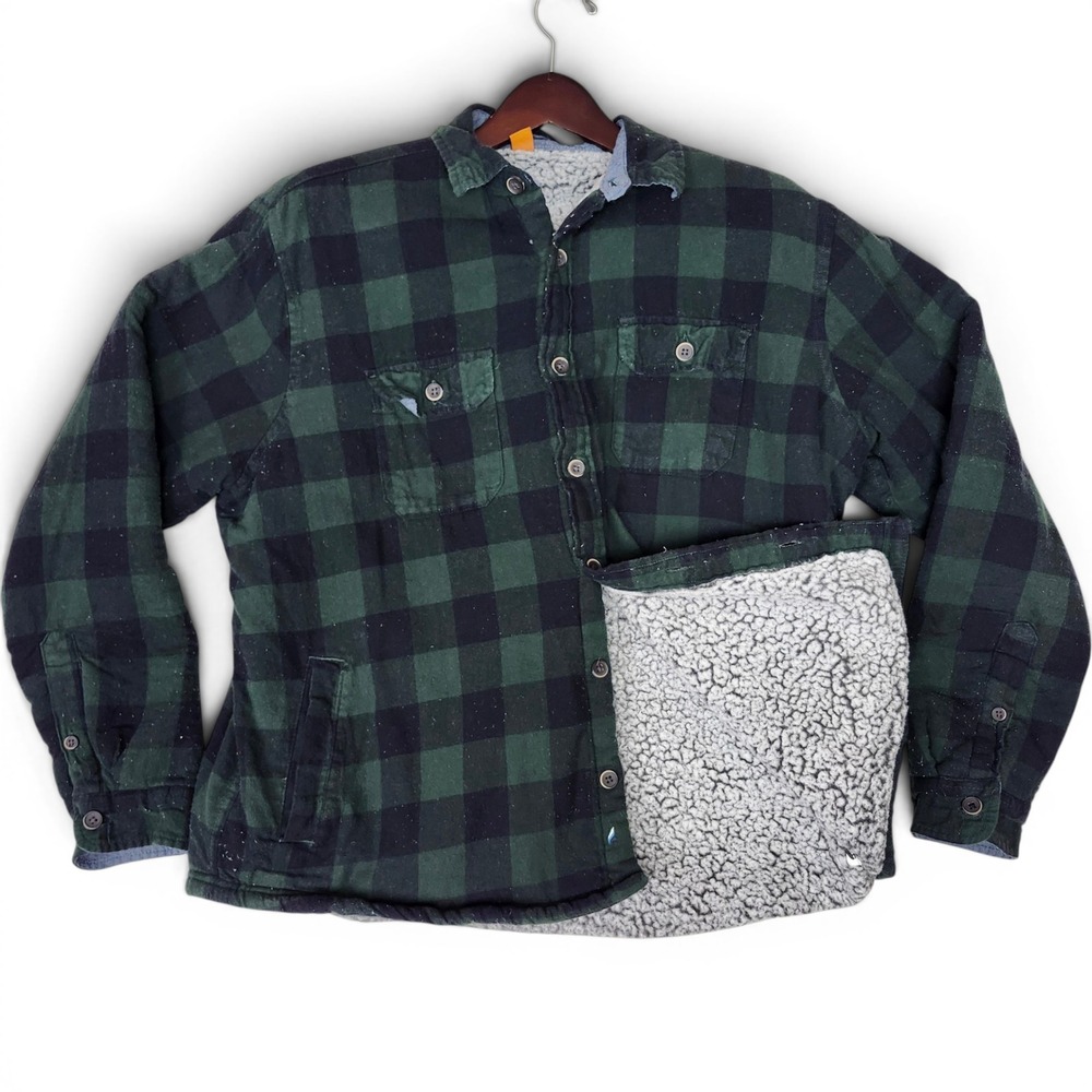 Sherpa Lined Flannel Shacket Shirt Jacket XXL Green Buffalo Plaid Oudtoors